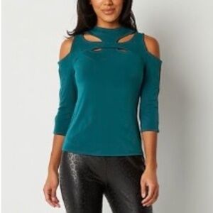 Bold Elements Teal Mock Neck Cut-Out 3/4 Sleeve Cold Shoulder Blouse